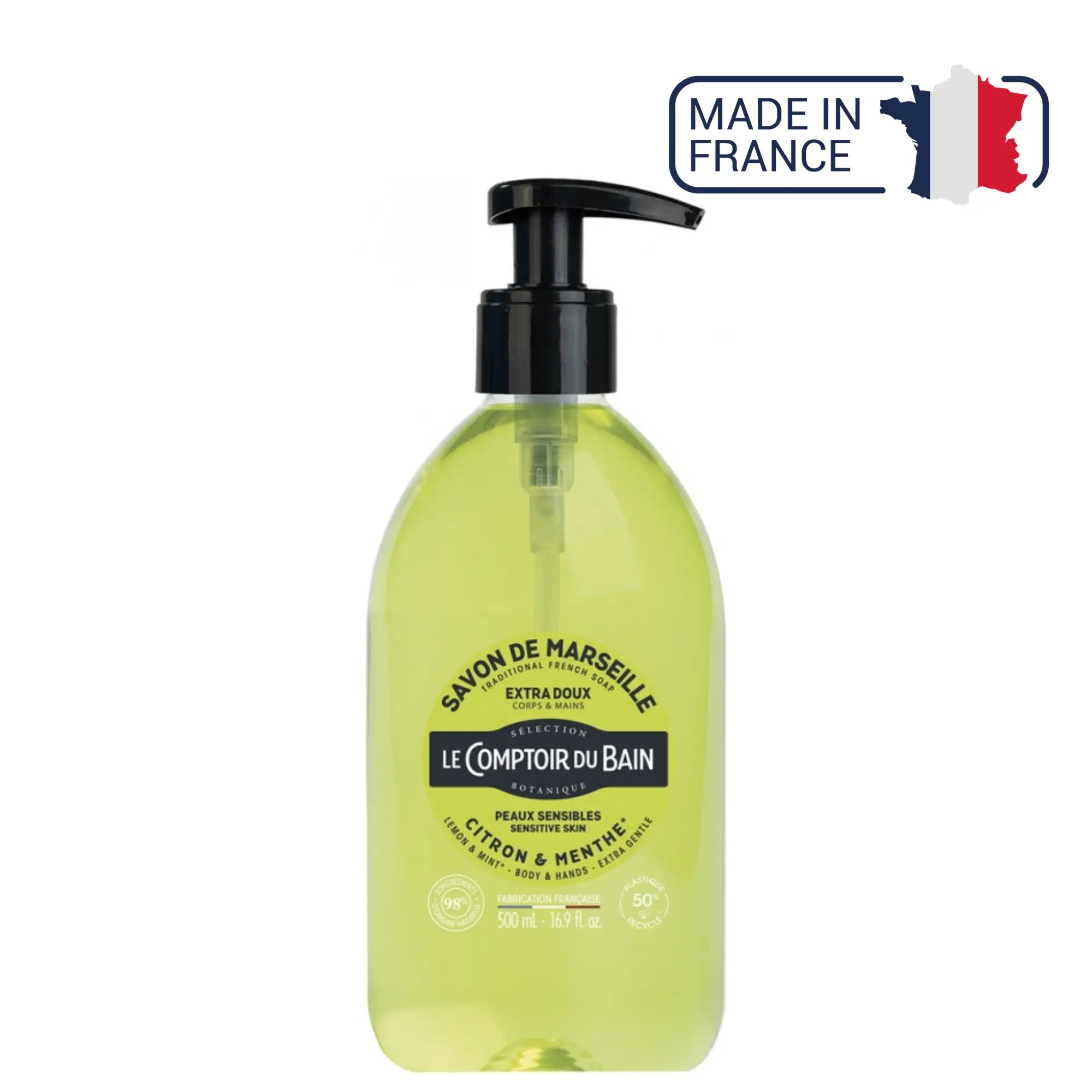 Savon de Marseille liquide Citron Menthe - 500ml - Le Comptoir du Bain